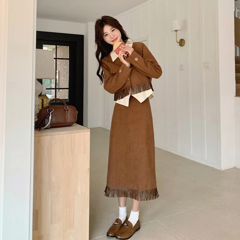 复古美拉德套装裙2025春季新款棕色假两件短外套流苏半身裙两件套