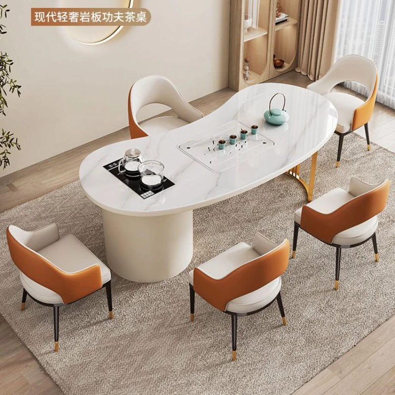 现代轻奢岩板茶桌椅组合一桌五椅客厅办公室阳台茶台烧水壶一体