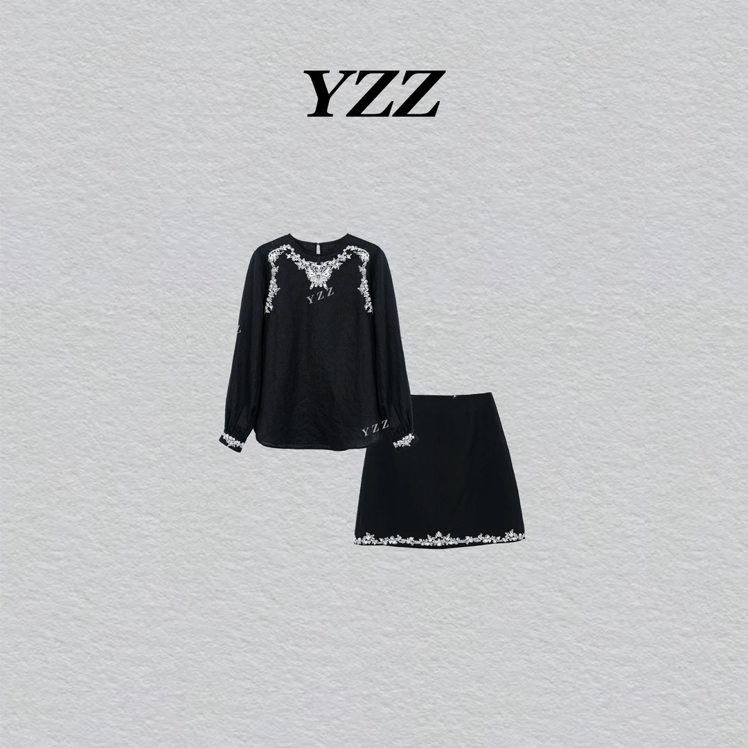 YZZ“藤蔓”重工刺绣圆领高级感上衣+气质休闲刺绣短裙 810906