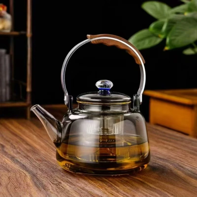 玥纳斯烟灰色如意提梁壶高硼硅蒸茶煮茶泡茶壶茶具电陶炉明火可用