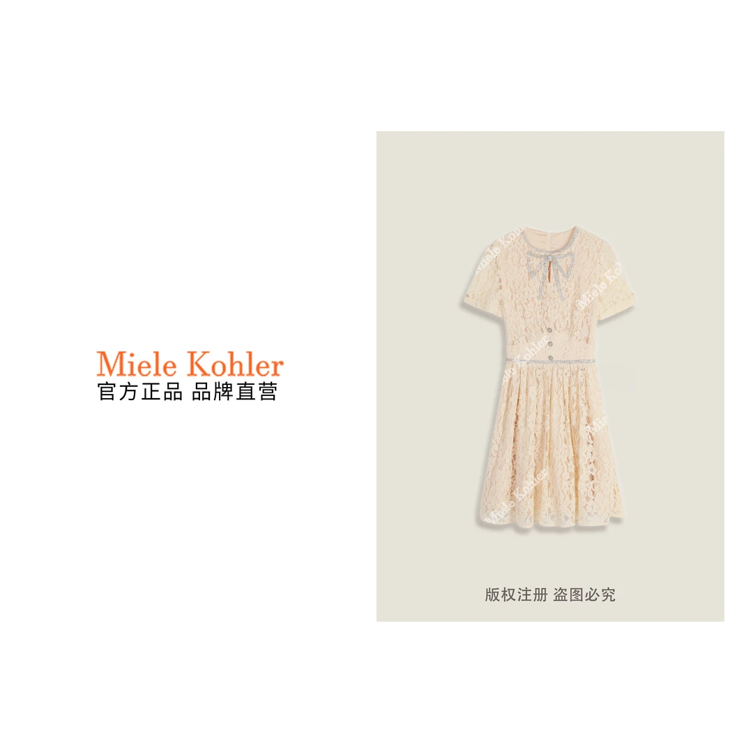 新款蕾丝蝴蝶结设计通勤风短袖连衣裙女款MKOK0256