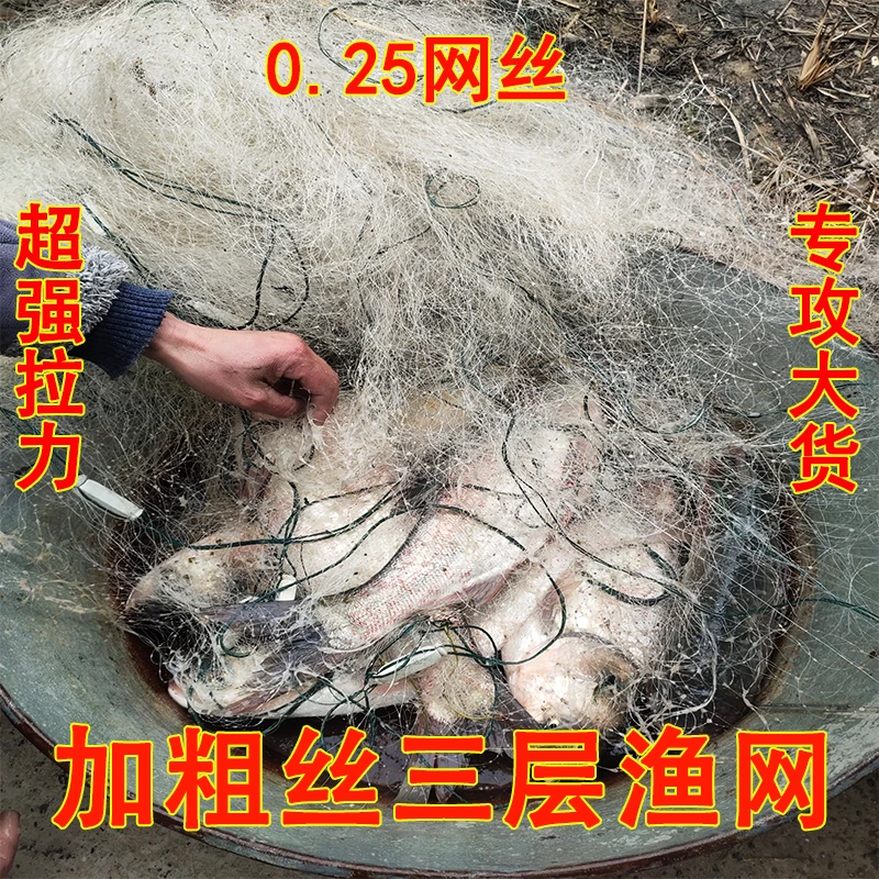 0.25丝加粗丝网三层沉网浮网粘网挂网大鱼网100米水库鲢鱼捕鱼网