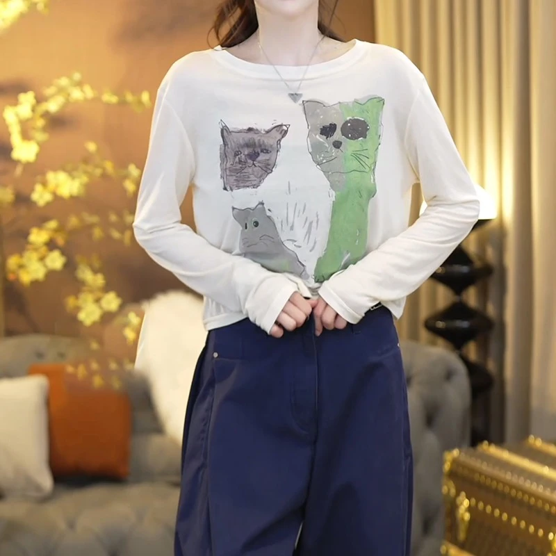 2025春夏新款猫咪印花长袖防晒衫T恤衫百搭上衣LK2503398