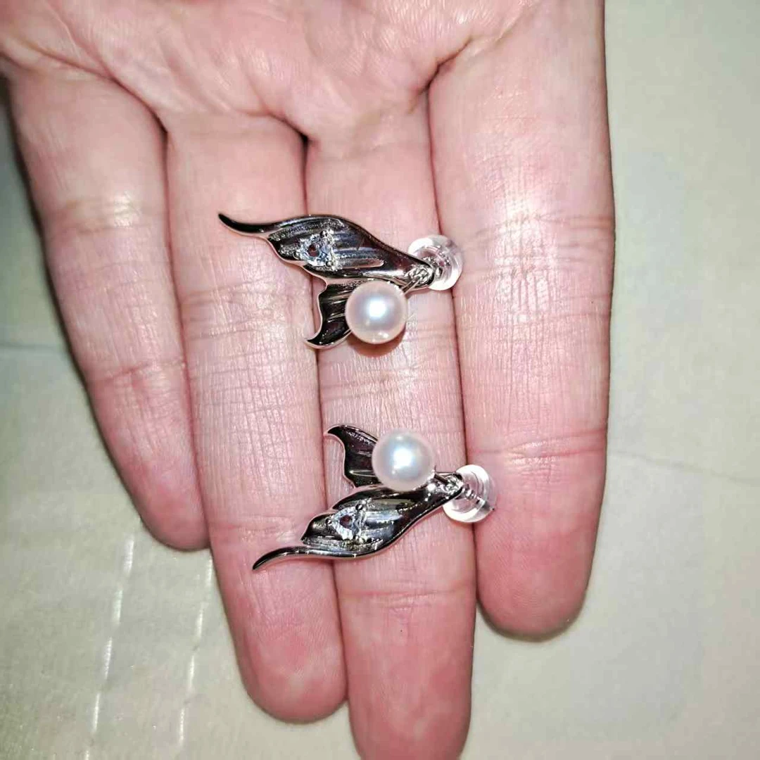 【B49】s925银精美鱼尾5-6mm  akoya海水珍珠耳坠