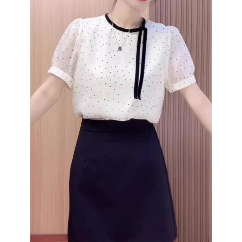 法式时髦波点系带短袖衬衫2025夏季新款气质小众减龄显瘦百搭上衣