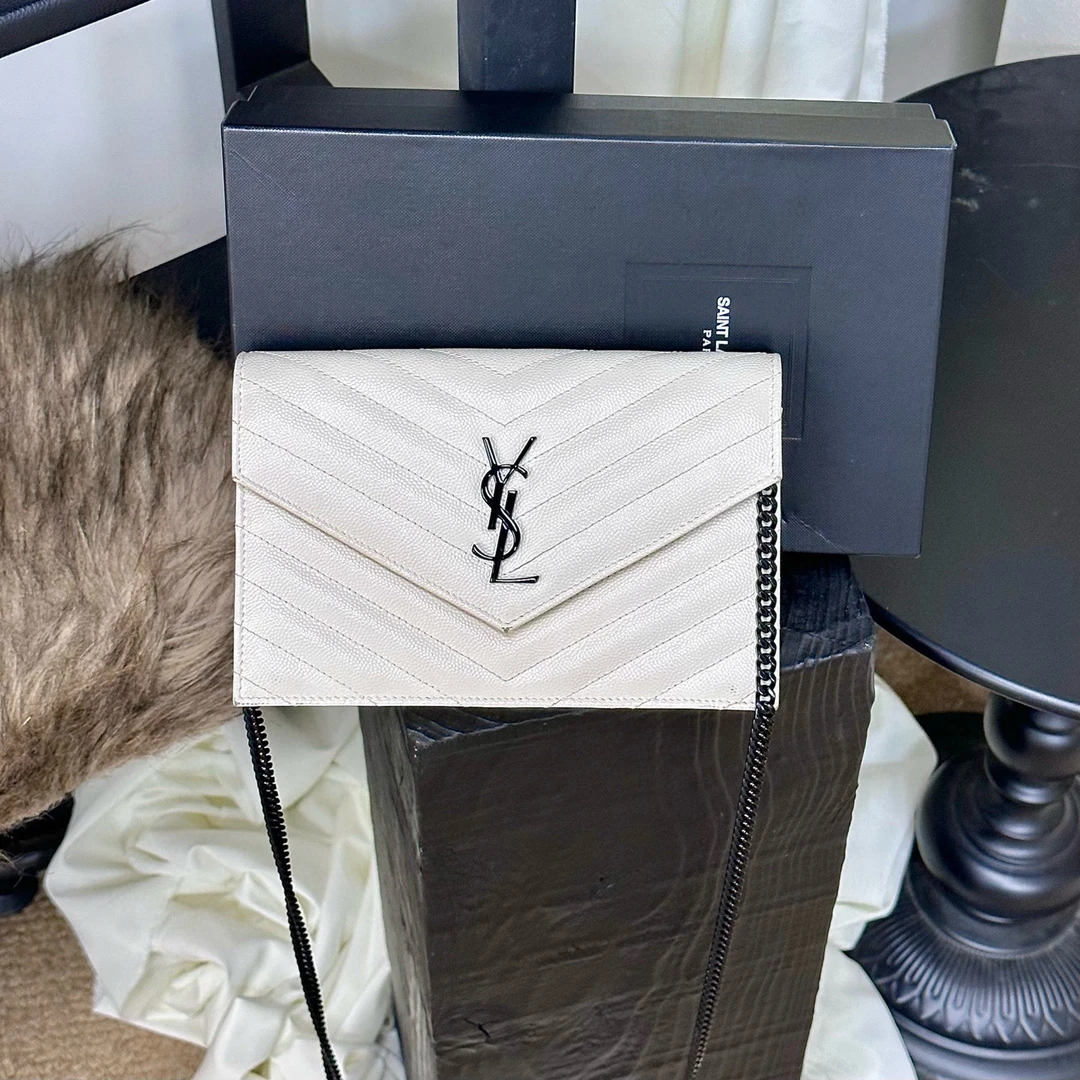 95新 YSL/圣罗兰 ysl 奶昔白黑标信封斜挎包带盒