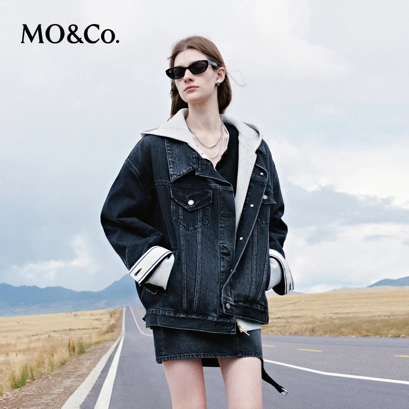 【达人专属】MOCO秋宽松落肩黑色棉质牛仔夹克外套MBD3JKTT02