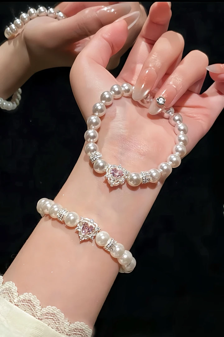 铜合金锆石手链 《守护甜心》曼塔玫瑰高亮贝珠粉色爱心锆石手链B09