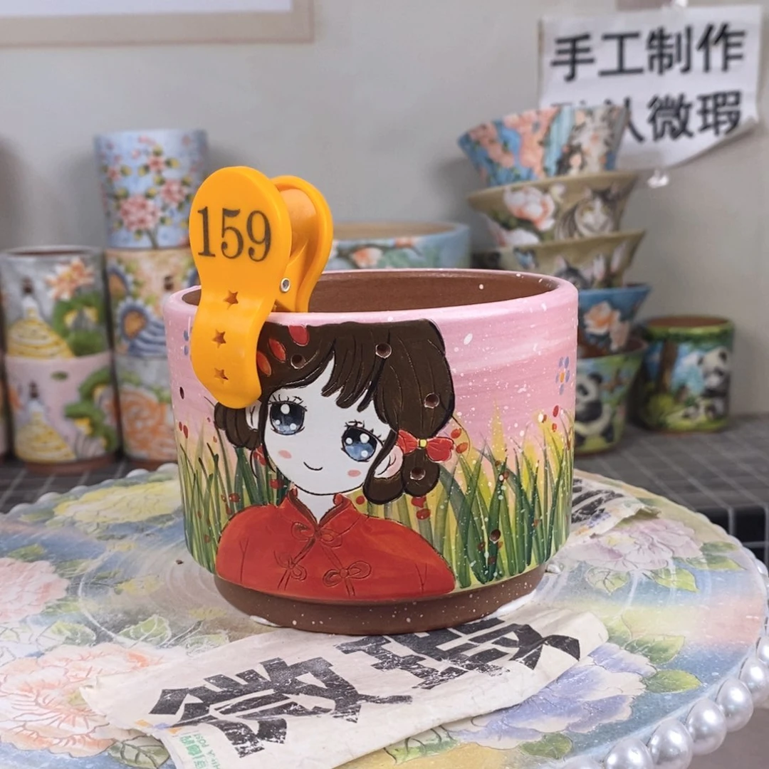 紫砂花盆红陶手绘花盆