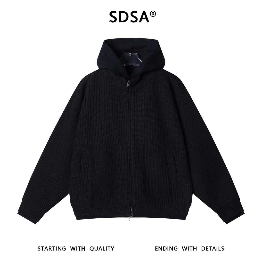 SDSA男士秋冬新款轻奢痞帅男装纯色针织假两件连帽卫衣拉链开衫潮