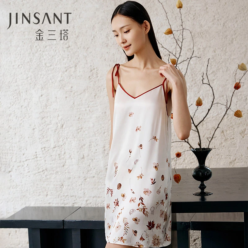 【金三塔官方】 100%桑蚕丝睡衣女V领印花夏天可外穿无袖甜美吊带裙