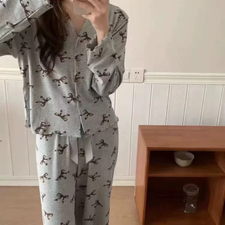 全码莫代尔条纹V领家居服套装蝴蝶裤子系带装饰