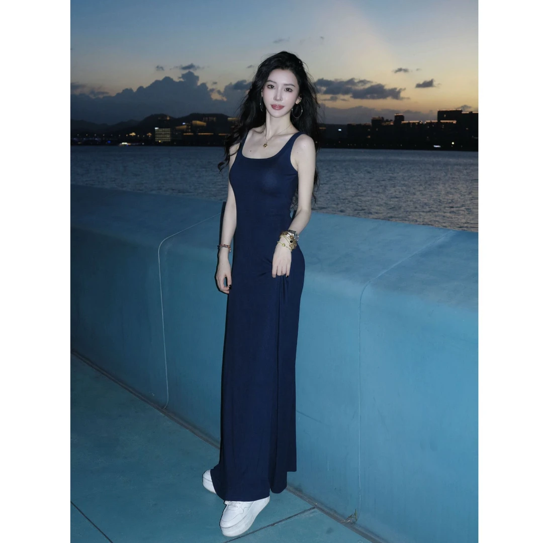 菠萝宝宝yuna【暮海流光】藏青色吊带背心T恤针织伞摆连衣裙YG26