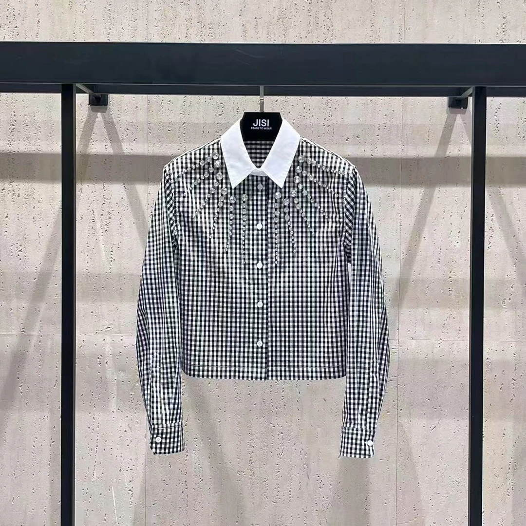 JISI 黑白格钉钻拼接长袖衬衫