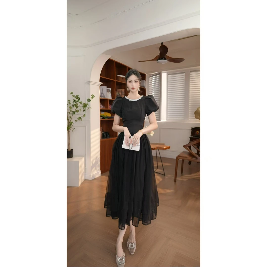 【宝总】时尚优雅收腰修身名媛宴会显瘦轻奢方领设计感连衣裙45122