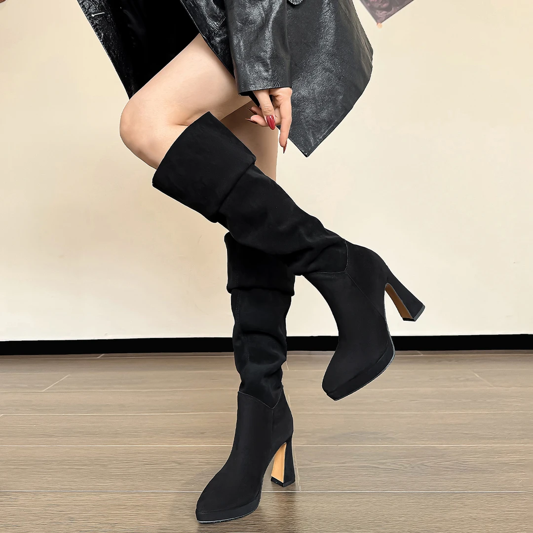 气质高跟不过膝长靴秋冬新款爆款百搭粗跟防水台堆堆靴高筒女靴子