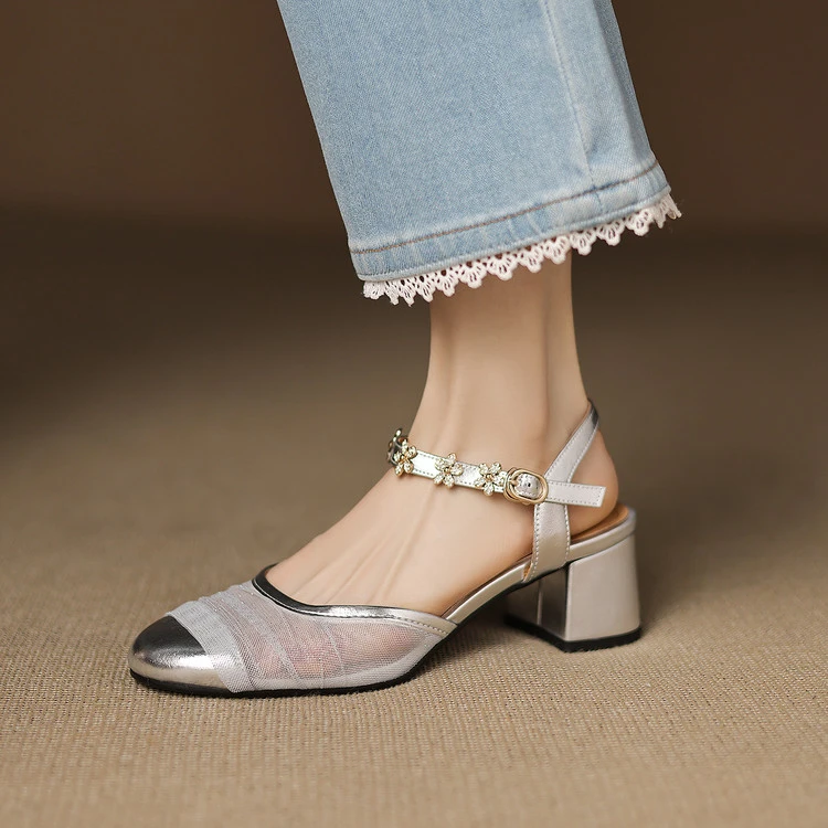 圆头粗跟玛丽珍鞋2025夏季新款网纱透气一字带中跟包头凉鞋女推荐