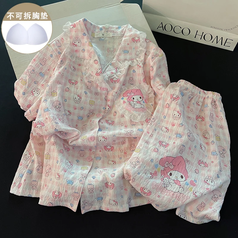 日系ins风睡衣女夏季休闲可爱美乐蒂短袖短裤花边学生家居服套装