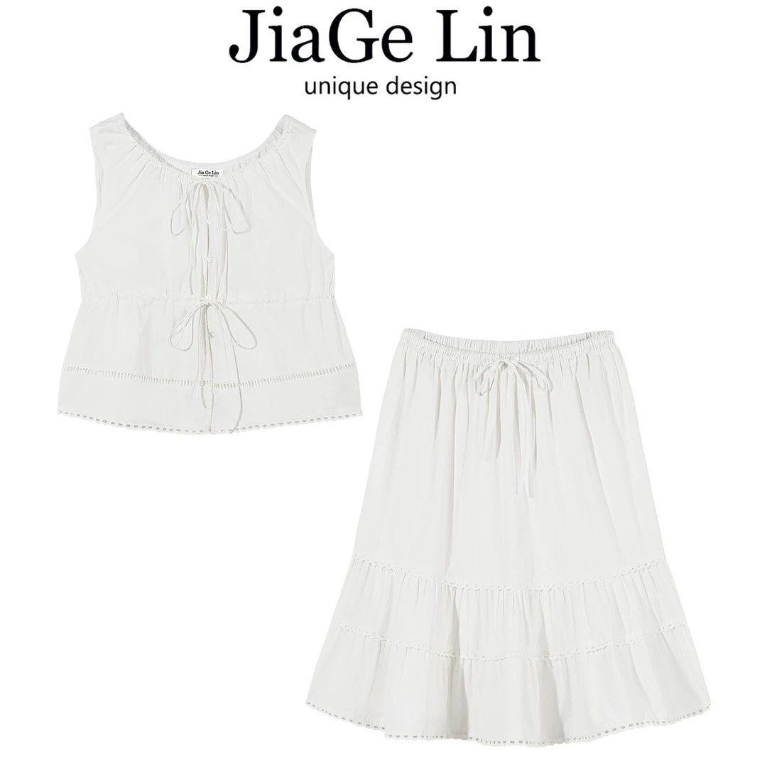 JiaGeLin韩系高级感显瘦无袖衬衫+半身裙两件套女夏洋气减龄套装