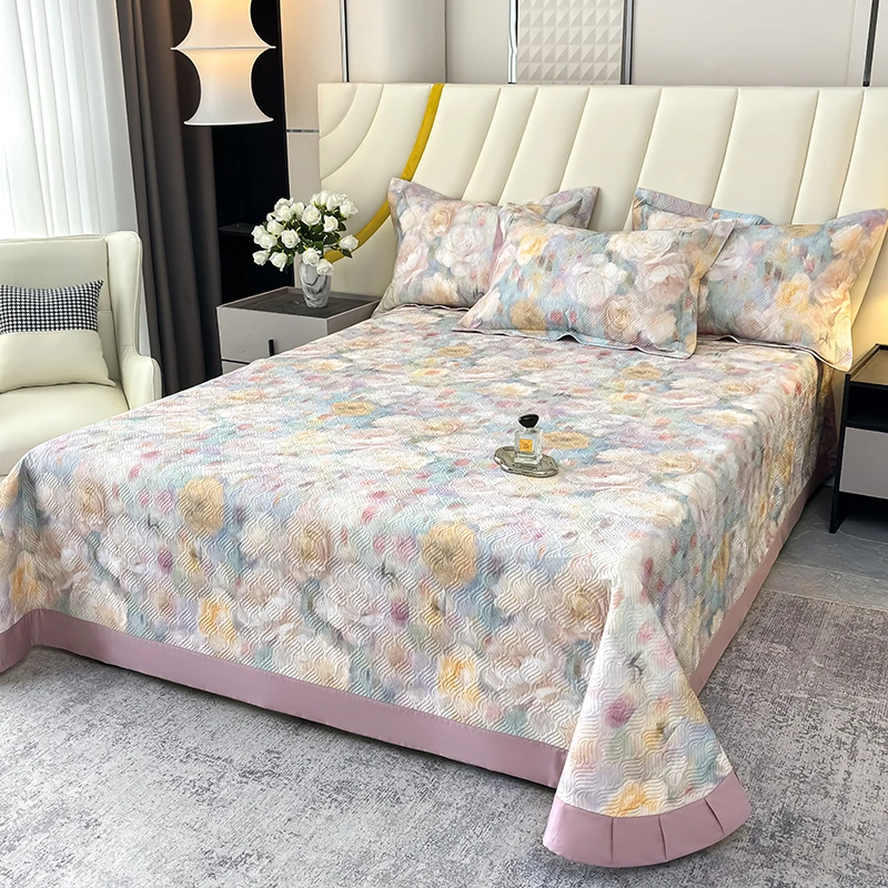 大花纯棉数码印花夹棉床单全棉四季通用加厚洐绗缝床盖三件套防滑