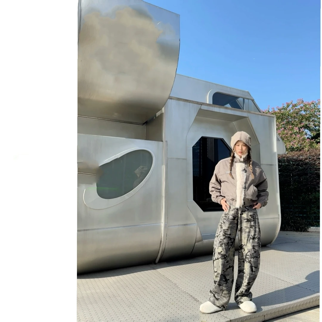 冬季美式复古短款加厚加棉棉服棉袄外套上衣工装迷彩阔腿裤套装