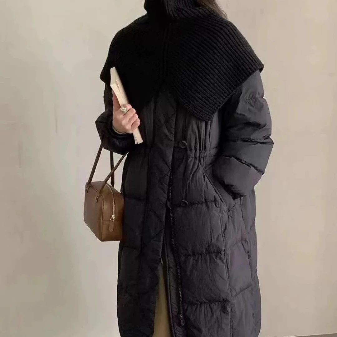 【XIAOHUIHUI】 设计感 针织围巾披肩圆领90白鸭绒中长款羽绒服