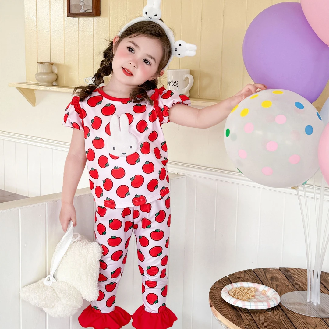 女童兔子水果套装 夏季新款韩版女宝夏装儿童泡泡袖上衣+裤两件套