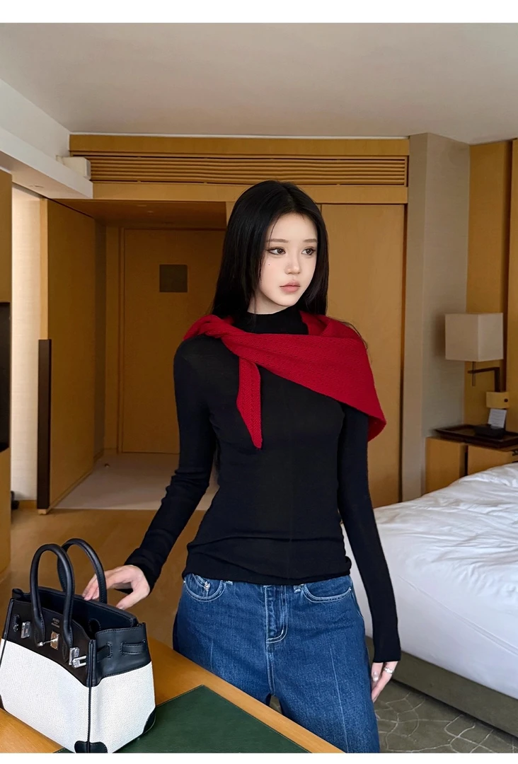 不冷BULENG 纯色镂空披肩女士针织三角巾围巾