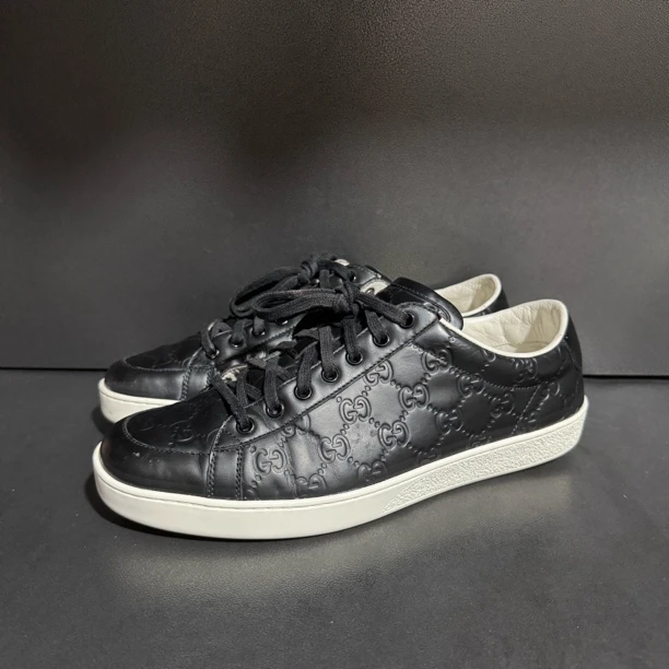95新 GUCCI/古驰 42.5码/黑色双G互扣满印压纹系带低帮休闲板鞋