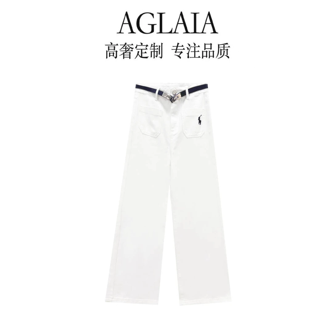 AGLAIA~2025秋季新款高腰显瘦简约时尚宽松刺绣白色牛仔裤女8017
