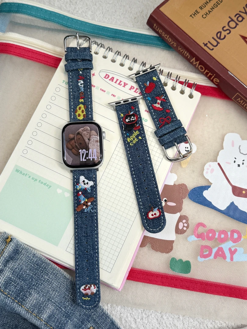 适用苹果手表表带iwatchs11卡通刺绣牛仔小米9pro华为vivogt表带