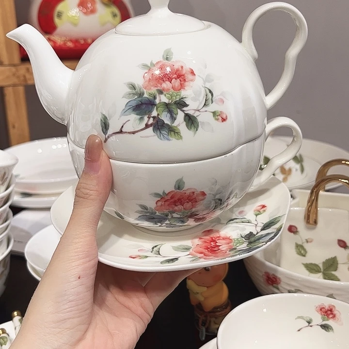 瓷片山茶花子母壶1套瓷片