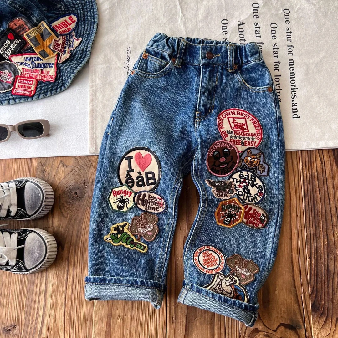 【YO优】定制徽章儿童牛仔裤重工艺春秋洋气