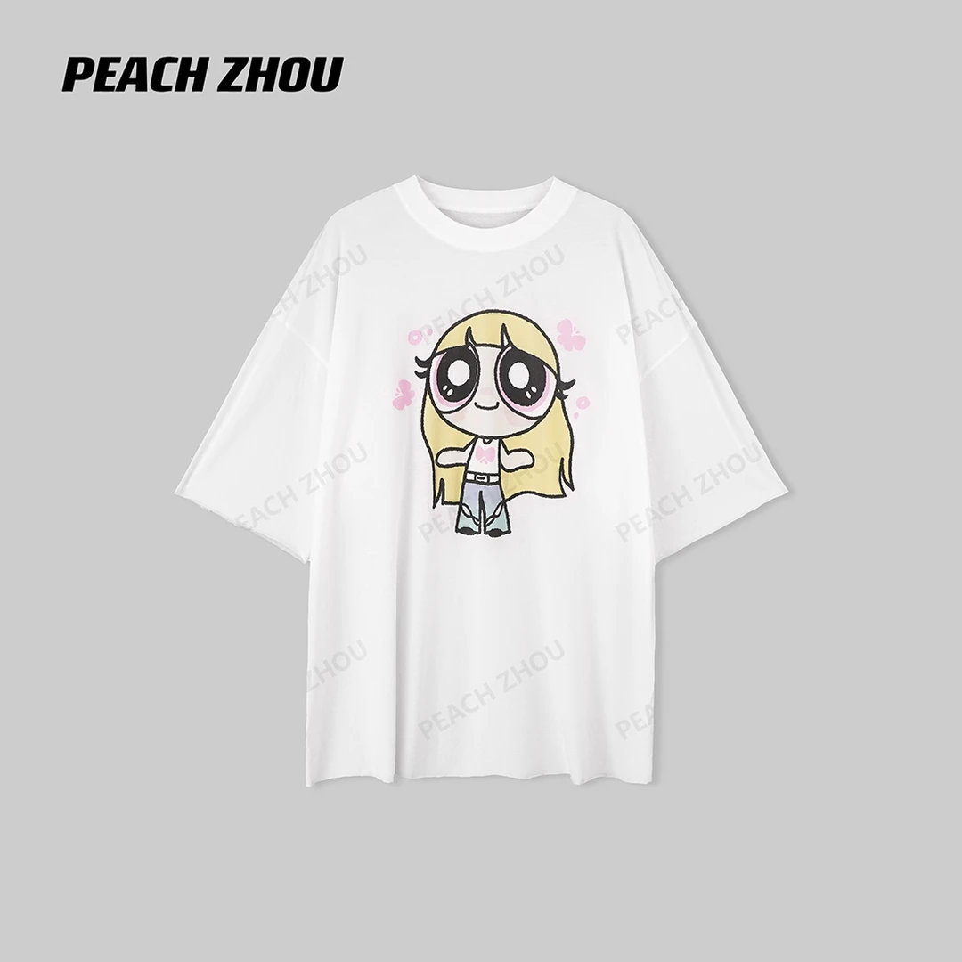 『PEACHZHOU』新疆棉飞天小女警卡通印花宽松圆领短袖休闲大版T恤