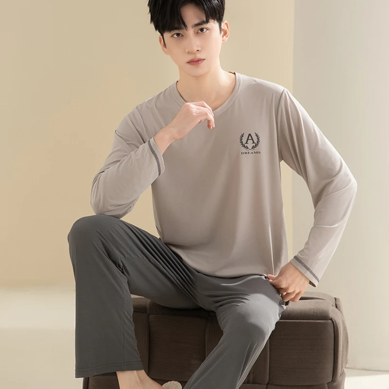 长袖睡衣男春夏季薄款冰丝螺纹凉感夏天家居服春秋大码家居服套装