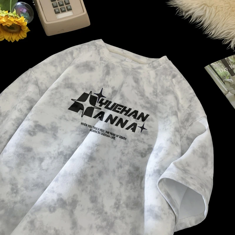 半袖复古夏季T恤圆领扎染短袖新款2025运动撞色男款时尚大码日系