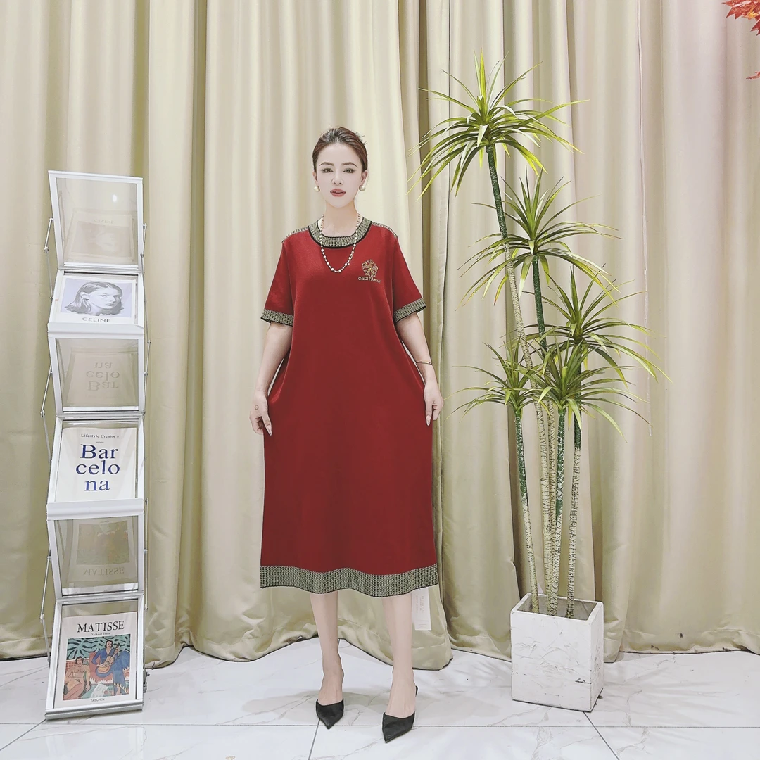 9368特调红金气质长款提花针织连衣裙收腰显瘦设计师优雅时尚复古