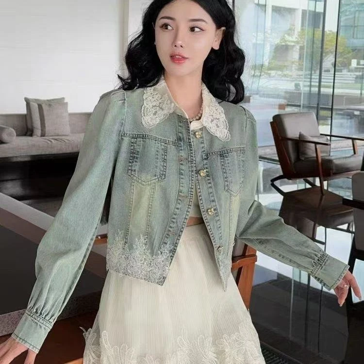 欧货蕾丝翻领牛仔短外套女2025年春季新款休闲百搭显瘦钩花吊带