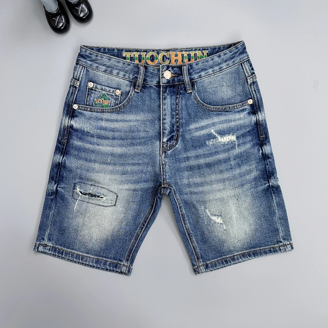 夏季潮流好穿百搭牛仔短裤男装五分裤牛仔蓝猫须假破洞中裤