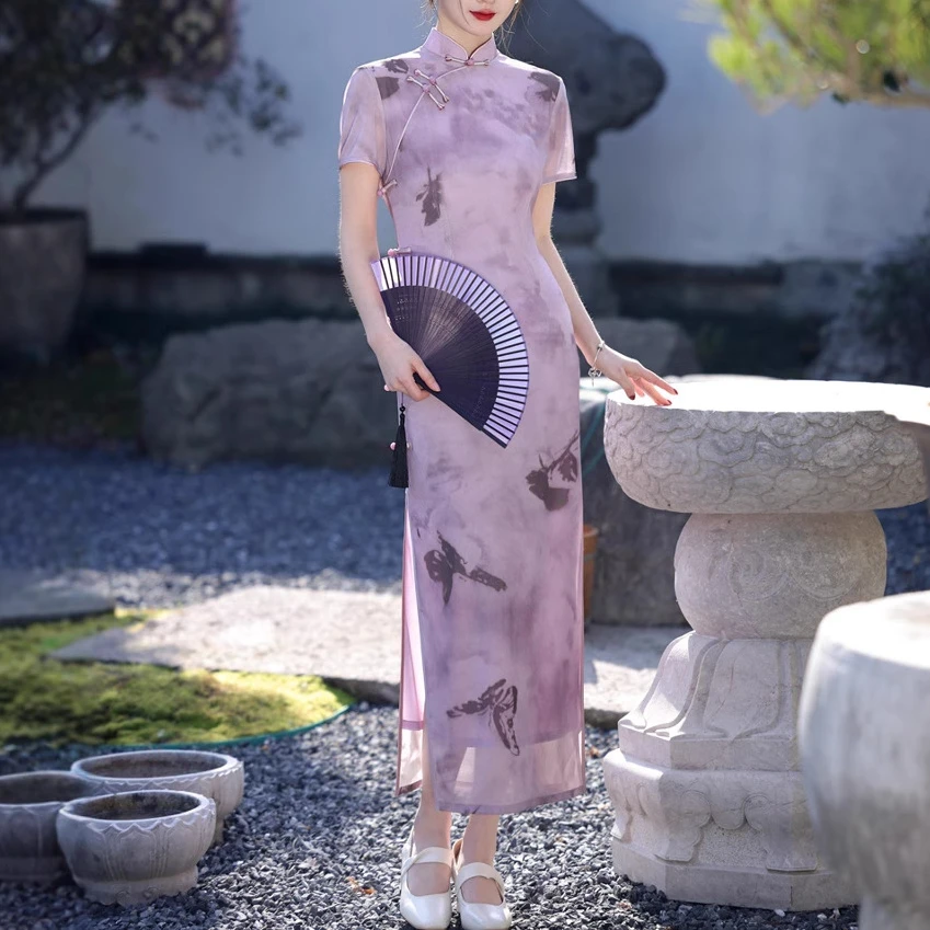 2025春夏新款网纱印花双层长款旗袍新中式紫色蝴蝶气质优雅旗袍女