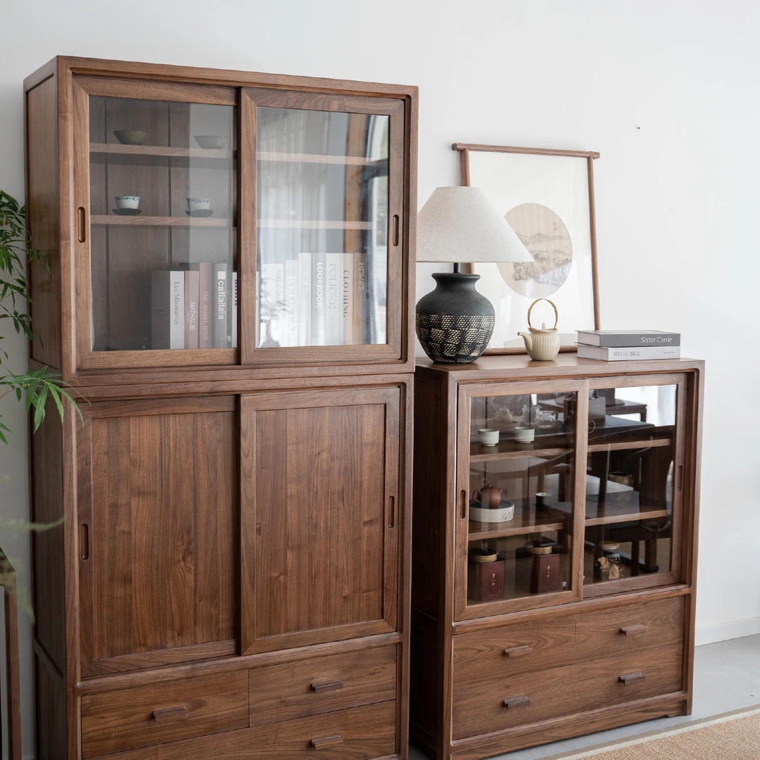 黑胡桃木组合柜储物柜禅意新中式茶具茶叶收纳展示置物架移门橱柜