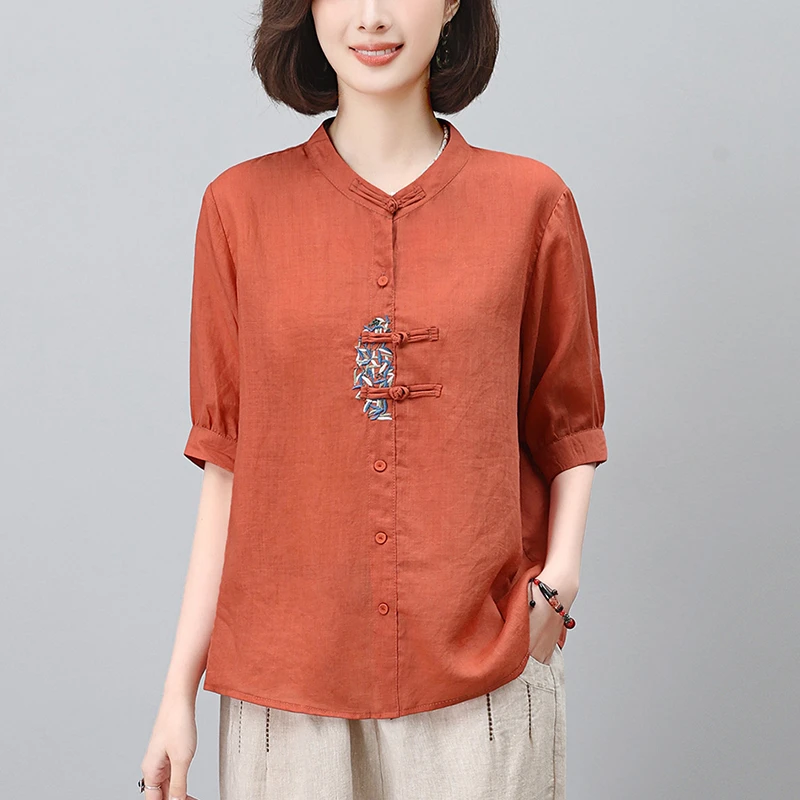 新中式风苎麻刺绣衬衫女新款夏季宽松大码小衫中年妈妈上衣