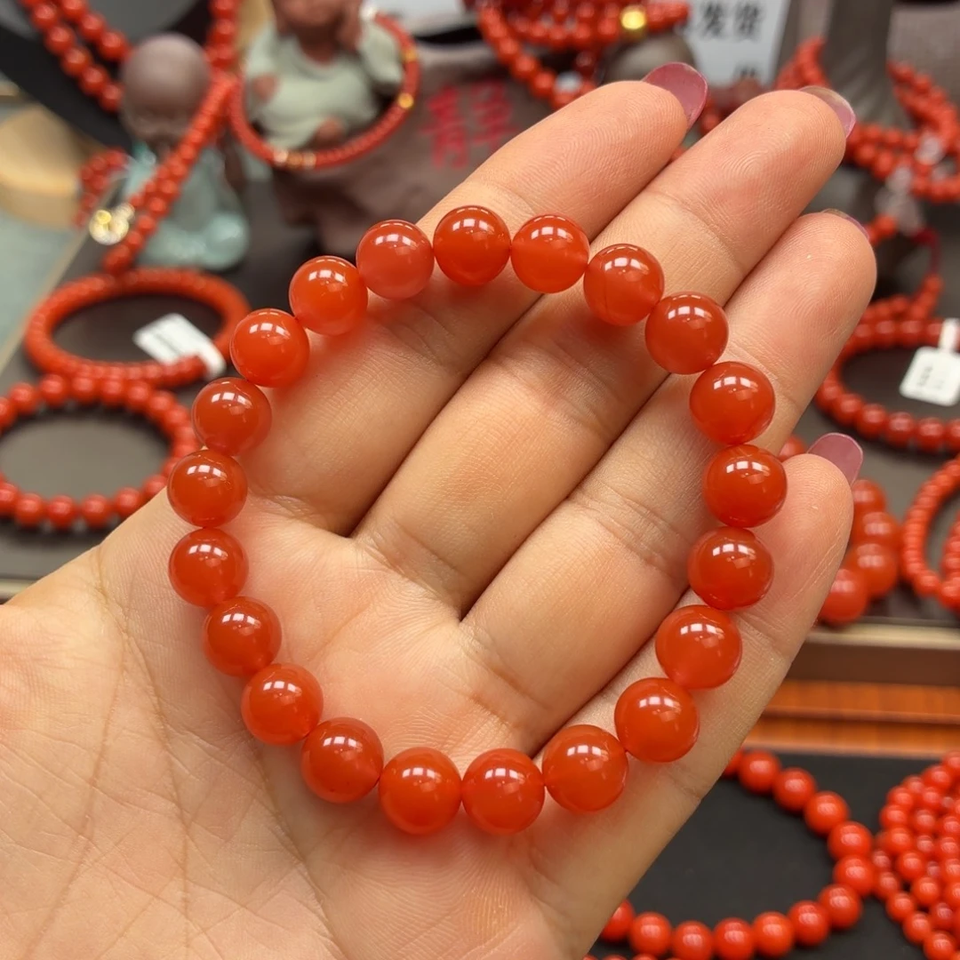 南红玛瑙未镶嵌手串中洞子柿子红9➕