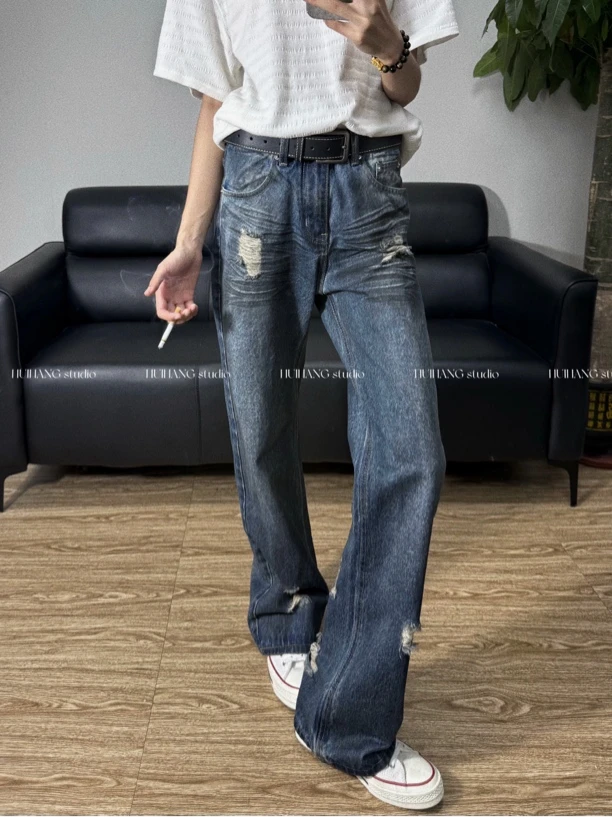 中性结构HUIHANG美式复古微喇牛仔裤男水洗做旧设计感显瘦牛仔裤