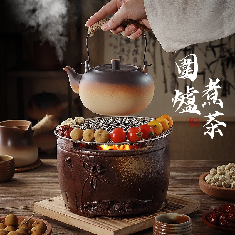 潮州陶瓷壶围炉煮茶炭炉取暖木炭老式火炉陶土泥炉明火泡茶烧水壶