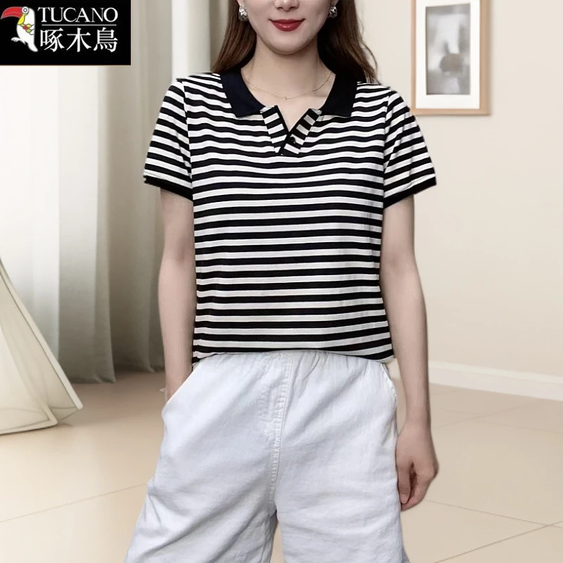 啄木鸟夏季百搭短袖T恤时尚POLO领2025年新款条纹拼色显瘦上衣女