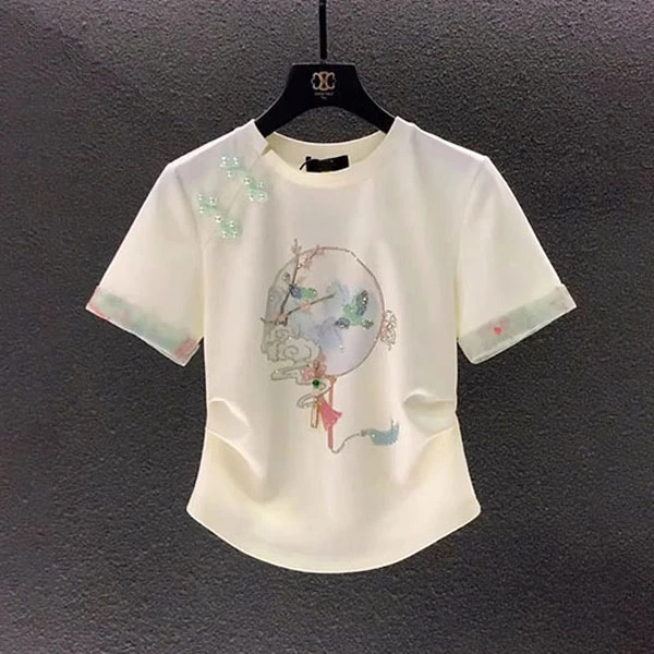 新中式国风盘扣刺绣镶钻短袖t恤女2025夏季新款收腰显瘦百搭上衣