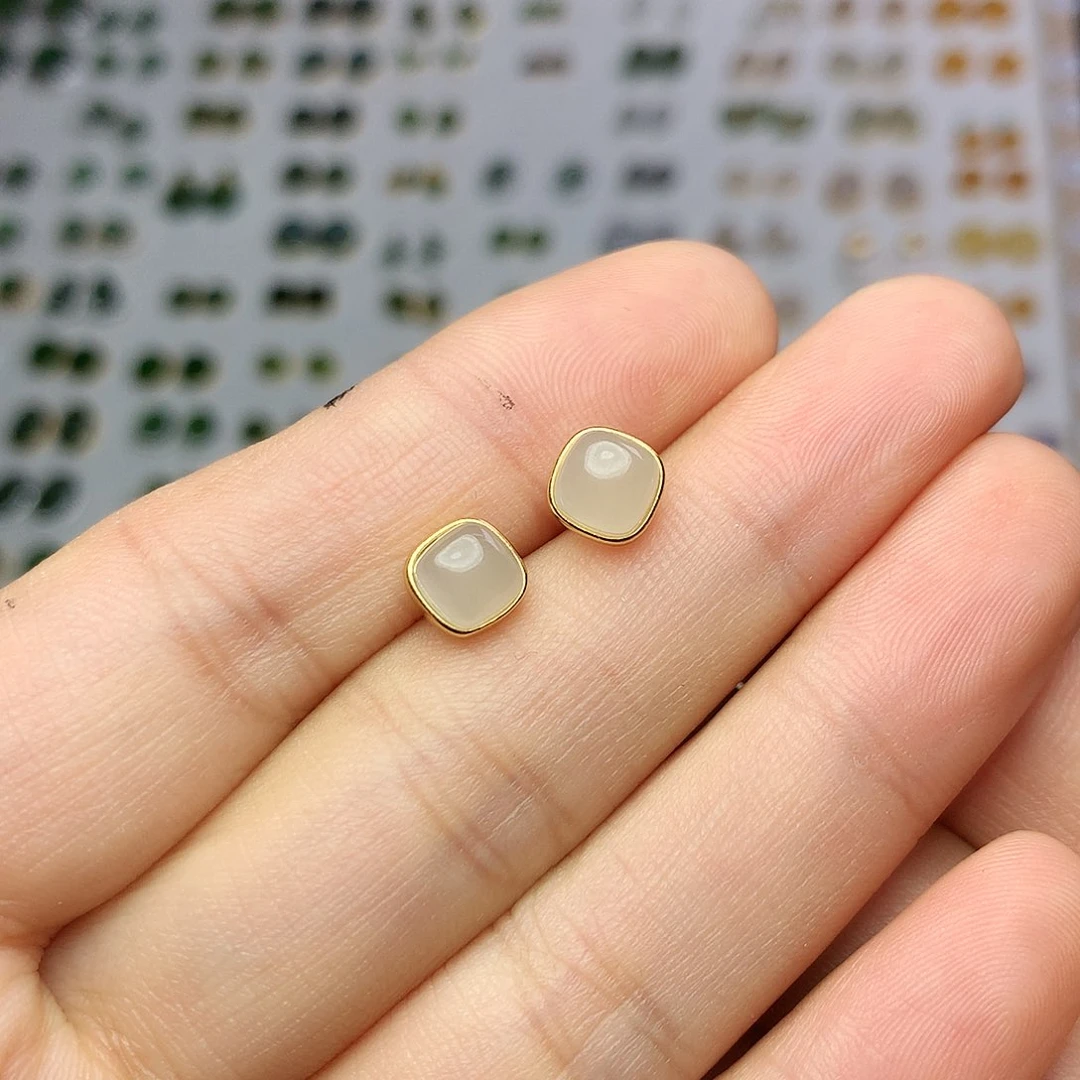 银S925镀金镶嵌和田玉（白玉）耳饰哈**我