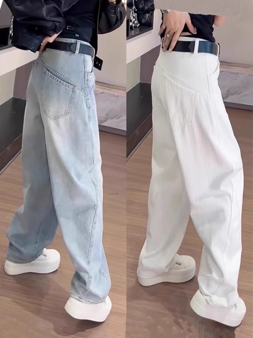 大码复古弯刀牛仔裤女春夏梨形身材宽松高腰显瘦直筒蓝色阔腿裤子