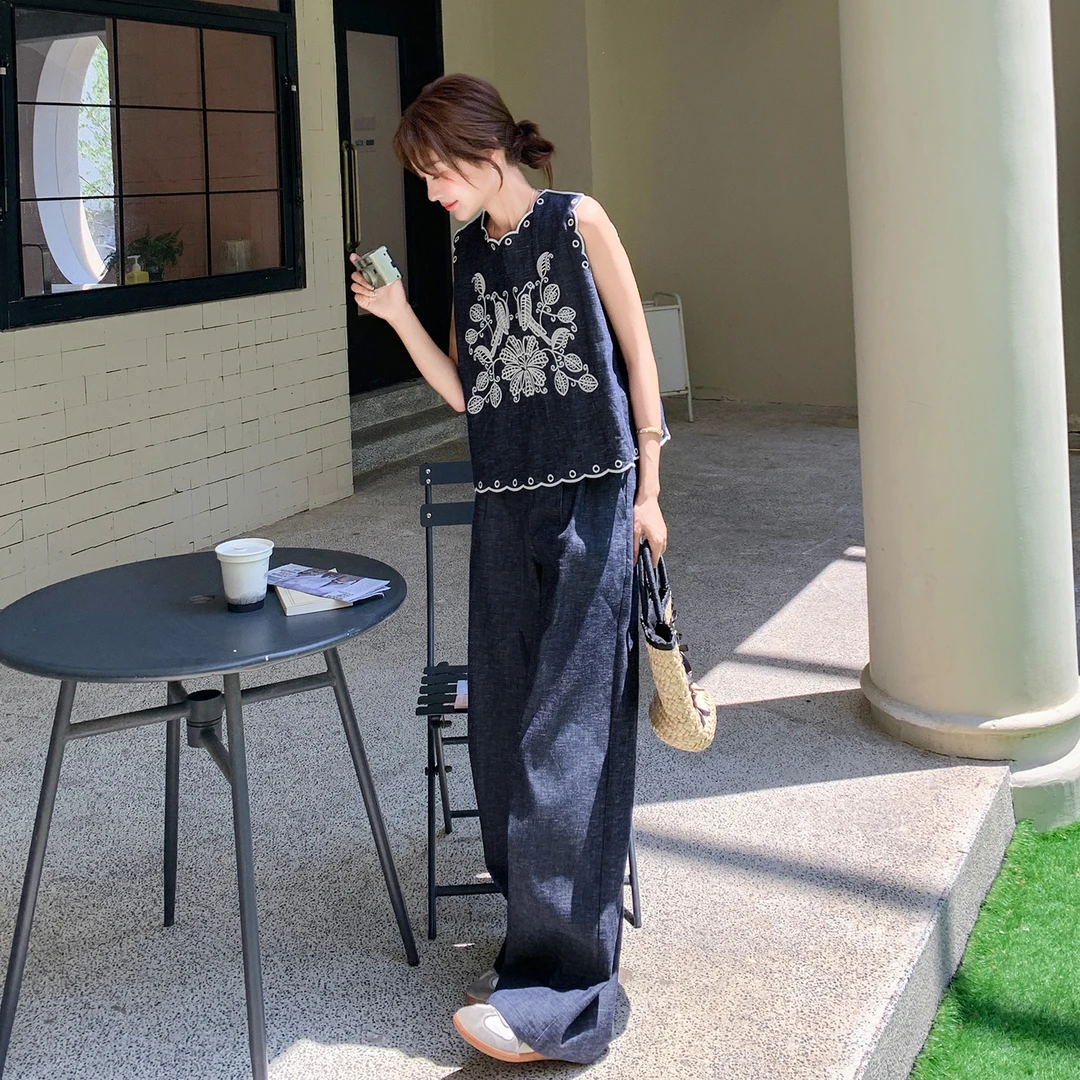 波嘻风重工刺绣无袖牛仔背心阔腿裤套装两件套女夏季韩系俏皮减龄